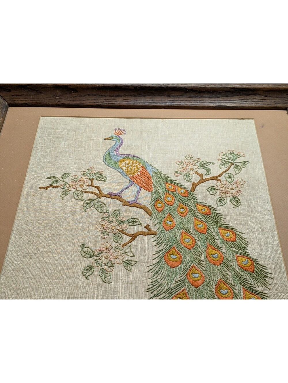 Framed Embroidered Peacock Floral Textile Art Vintage Style Needlework Wall